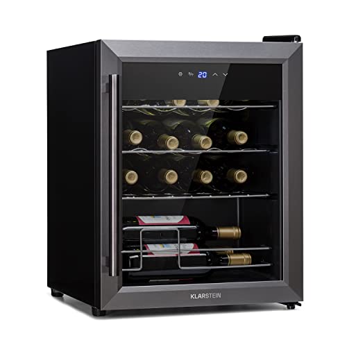 Klarstein Ultimo Uno - Vinoteca, Nevera para vinos con regulador de temperatura entre 5 y 8 °C, Control táctil, Iluminación interior LED, Espacio para 16 botellas, 42 litros de volumen, Negro