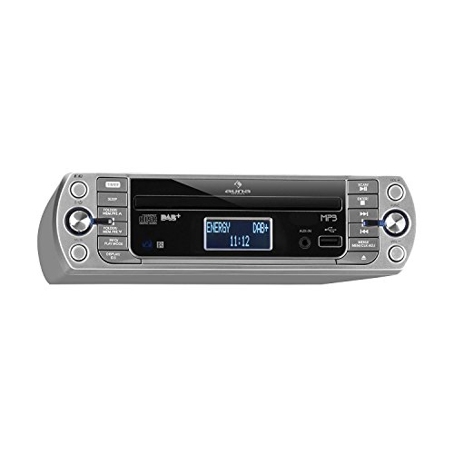 auna KR-400 CD - Radio de Cocina, Radio bajo Mueble, Radio Dab+/PLL FM, Reproductor CD/MP3, Bluetooth, AUX, USB, Memoria para 40 emisoras, Panralla LCD, Alarma, Mando a Distancia, Plateado