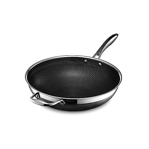 HexClad Sartén wok híbrida de acero inoxidable de 12 pulgadas con mango que se mantiene fresco, libre de PFOA, apta para lavavajillas y horno, antiadherente, funciona con estufas de inducción