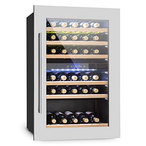 Klarstein Vinoteca, Nevera para Vinos con 2 Zonas Refrigeración, Botellero Puerta Cristal para Vino, Proseco, Expositor Interior y Exterior, Panel Táctil, 132 L., Vinoteca Capacidad 35 Botellas