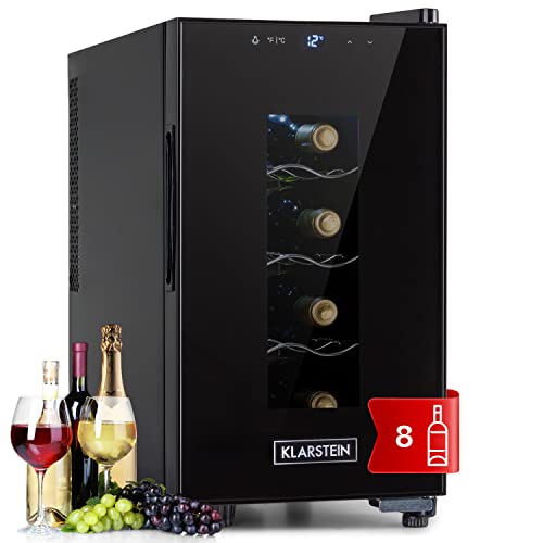 Klarstein Vinoteca 8 Botellas, Nevera Vinos de Una Zona, Nevera Expositora Vino y Cerveza, Vinoteca Pequeña Interior y Exterior con Puerta de Cristal, Nevera Vino Protección UV, Panel Táctil,11-18°C