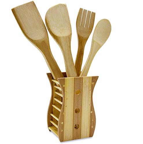 Juego de Utensilios de Cocina de Bambú - Set de 5 Utensilios de Cocina de Madera ( Espátula sólida de Madera, Espátulas reposteria, Espátula turner y Soporte de bambú) - Hechos de Bambú Natural