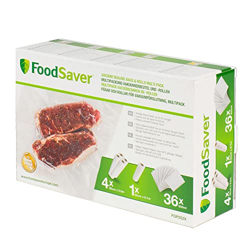 FoodSaver bolsas de envasado al vacío reutilizables | Para dispositivos FoodSaver | Sin BPA | 4 rollos de bolsas (28 cm × 5,5 m) | 1 rollo de bolsas (20 cm x 6,7 m) | 36 bolsas (950 ml)