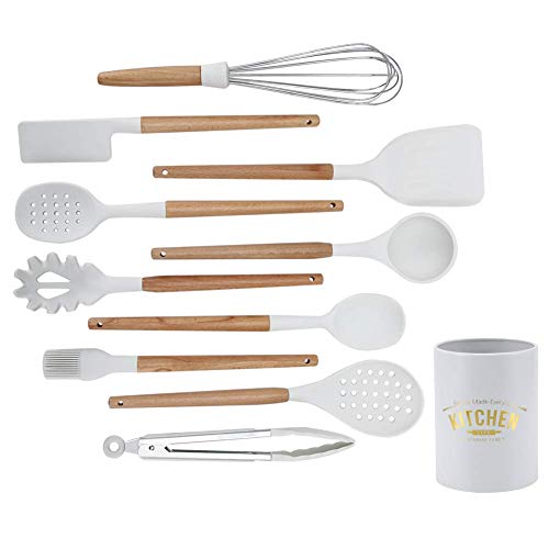 Kit de utensilios de cocina de silicona de 11 piezas, utensilios de cocina antiadherentes con de madera resistente a la temperatura de -30-230, blanco