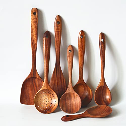 Juego de 7 espátulas de madera de teca natural, utensilios de cocina, cuchara de madera