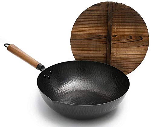 ZAANU Sartenes de cocina Wok tradicional de hierro martillado a mano con madera, sartén Wok de hierro fundido presazonado con tapa de abeto chino, sartén negra Sartén Olla