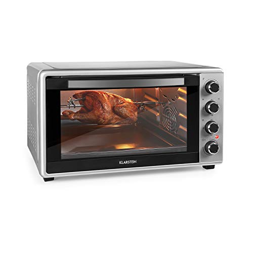 KLARSTEIN Masterchef 60 Mini Horno Electrico de sobremesa 60L, 2000W, 100-230°C, asador giratorio, función de circulación de aire, temporizador, puerta doble cristal, acero inoxidable, Plata