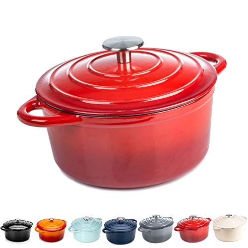 Cacerola redonda – Sartén de hierro fundido de cerámica para inducción y gas segura para horno holandés – con tapa – 10 años de garantía (cacerola de 2.7 L, rojo)