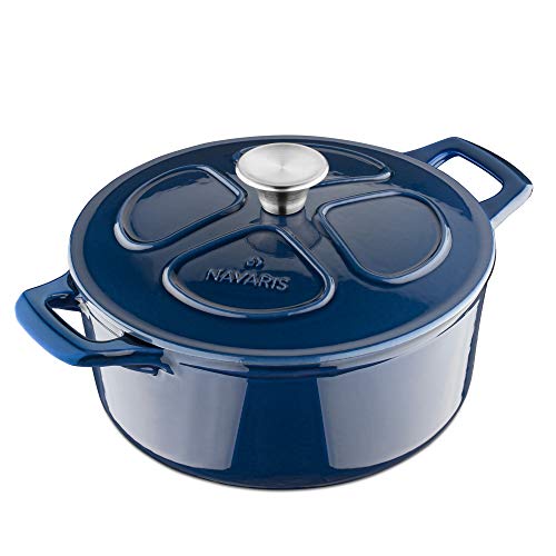 Navaris Cacerola de hierro fundido con tapa - Cazuela con 2 asas para cocinar en horno plancha - Olla cocotte redonda 24 CM - Marmita de 3.5 L - Azul