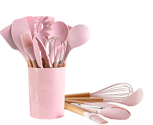 Utensilios de cocina de silicona Juego de utensilios de cocina - 446 ° F Mangos de madera resistentes al calor Utensilios de cocina grises Juego de utensilios de cocina antiadherente (Rosa-12pcs)