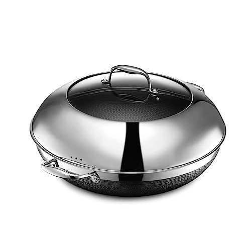 HexClad Sartén wok híbrida de acero inoxidable de 14 pulgadas con mango que se mantiene fresco, libre de PFOA, apta para lavavajillas y horno, funciona con estufas de inducción, cerámica