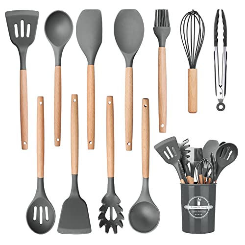 Godmorn utensilios de cocina de silicona utensilios cocina accesorios cocina Set de 12 Juego de Resistente al Calor, Antiadherente sin BPA, antiarañazos,Gris Claro con Mango de Madera para Utensilios