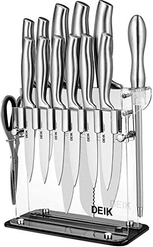 Deik Cuchillos Cocina, Juegos de Cuchillos de Acero Inoxidable con Soporte de Acrílico. Incluye 11 Cuchillos de Cocina, una Tijera, un Afilador y un Soporte de Acrílico