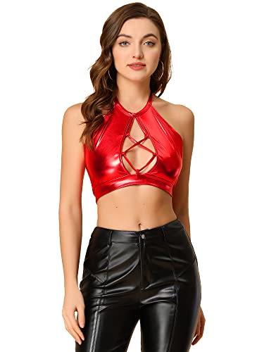 Allegra K Top De Tubo Halter Sin Espalda Calado De Cami Corto Metálico Brillante para Mujer Rojo M