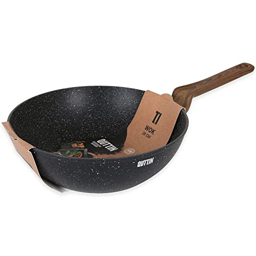 Quttin - Sartén Wok Antiadherente de inducción Ecologi con Mango. Para todo tipo de cocinas. Aluminio Forjado Doble Capa. Resistente Duradera. Wok Negro 28 cm