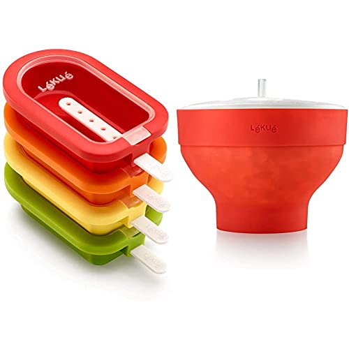 Lékué Polo apilable classic, Silicona, Surtido multicolor, 16,5 cm, 4 Unidades + Recipiente para cocinar Palomitas, Rojo, 20 cm