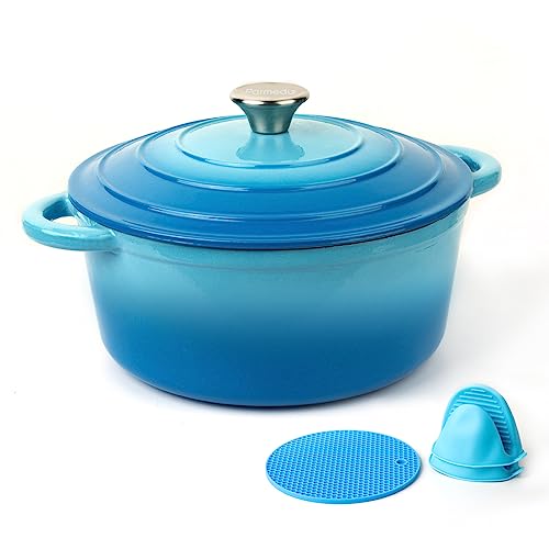 Parmedu Olla para Horno Holandés de Hierro Fundido Esmaltado de 5L con Tapa y Asas Dobles, Accesorios de Silicona Incluidos, Ideal para Estofar, Guisar, Asar y Hornear, en Azul