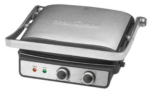 Proficook PC-KG 1029 Grill de Asar con Tapa basculante, Doble Apertura 180º, 2000 W, Acero Inoxidable, Negro y Gris