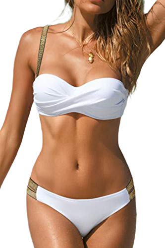 JFAN Traje de Baño de Mujer Cinturón Dorado Acolchado Bra Tops de Bikini Conjunto de Bikini de Color Liso Push Up Swimwear Dos Piezas Trajes de Baño Divididos(Blanco,XL)