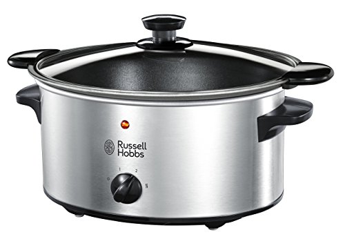 Russell Hobbs Olla de Cocción Lenta Cook@Home - Capacidad 3,5 L, 4 Raciones, 3 Temperaturas, Cuerpo de Acero Inoxidable, Cazuela Extraíble, Fácil Limpieza, Tapa de Cristal, Plata - 22740-56