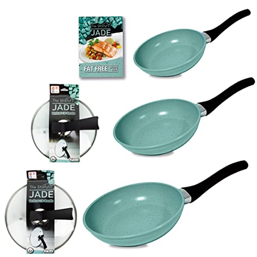 Set de sartenes, STARLYF JADE PAN SET, Juego de 5 piezas, 3 Sartenes + 2 Tapas de vidrio, Superficie Antiadherente, Cocina Saludable con recetario Gratis (SET)