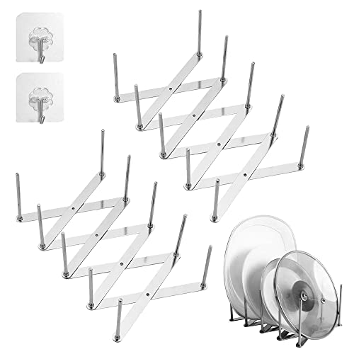 FENGQ Organizador de Sartenes, 2PCS Organizador de Olla Soporte Bandejas, Soporte Ajustable Para Tapa de Ollas con 2 Ganchos Adhesivos, Soporte para Tapas para Cacerolas,Platos,Tablas de Cortar