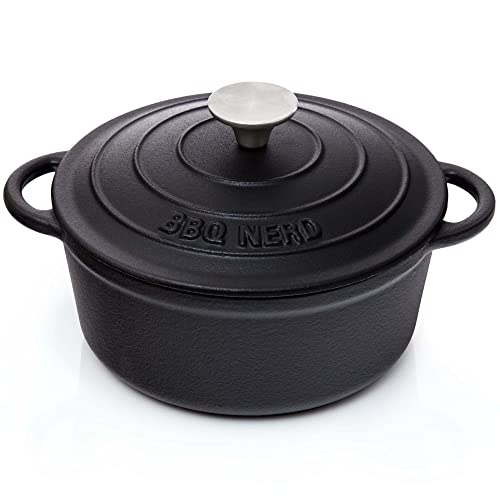 BBQ-Nerd© - Olla redonda con tapa (2,5 L, de hierro fundido con revestimiento de esmalte, cacerola de hierro fundido, ideal para cocinar lentamente, eficiencia energética y almacenar el calor