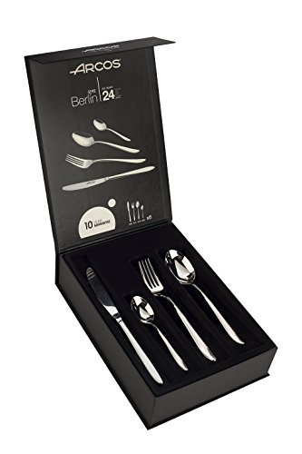 ARCOS Juego de Cubiertos de 24 Piezas para Mesa. Cubertería Completa para 6 Personas. Set de 6 Cucharas, 6 Cuchillos, 6 Tenedores y 6 Cucharas de Postre. Serie Berlín. Color Plata