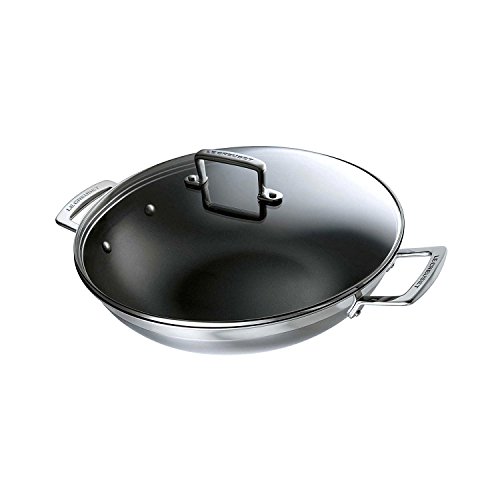 Le Creuset 3-Ply Wok antiadherente con tapa de vidrio, diámetro 30 cm, acero inoxidable, volumen 4, 3 L, para todo tipo de fuentes de calor (incluso inducción), metálico, 96201130001000