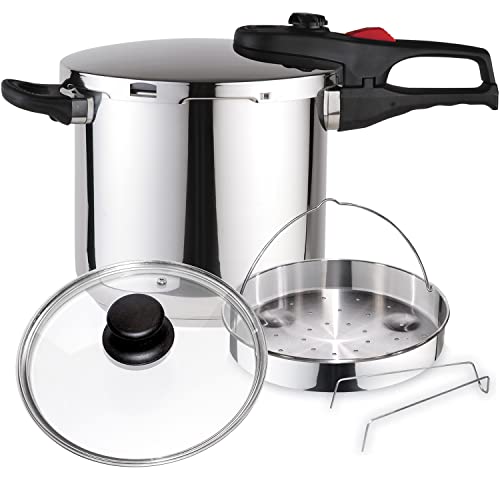 MAGEFESA ® Practika Plus Complet olla a presión súper rápida de 7.5 litros, pack exclusivo cestillo + tapa de cristal, acero inoxidable 18/10, apta para todo tipo de cocinas, inducción, express