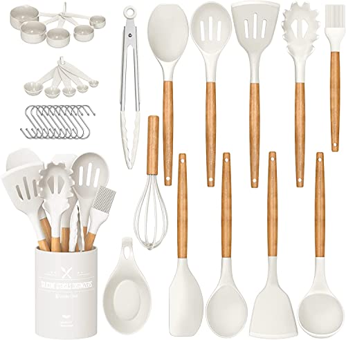 LVEON - Juego de utensilios de cocina de silicona antiadherente, 33 piezas, con soporte, mango de madera, juego de herramientas pequeñas de cocina de silicona (blanco)