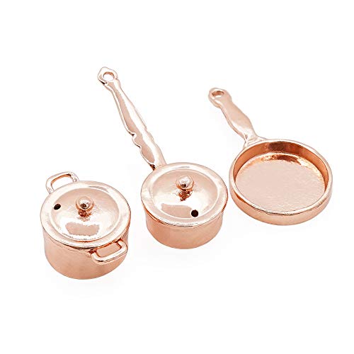 Odoria 1/12 Miniatura 3PZ Batería de Cocina Cobre Cazo Sartén y Cacerola Cocina Accesorio para Casa de Muñecas