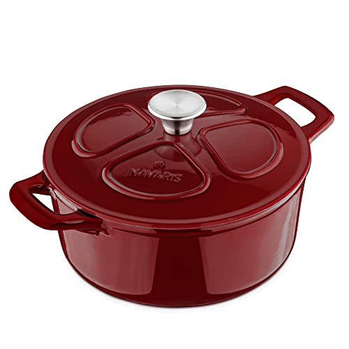 Navaris Cacerola de hierro fundido con tapa - Cazuela con 2 asas para cocinar en horno plancha - Olla cocotte redonda 24 CM - Marmita 3.5 L - Granate