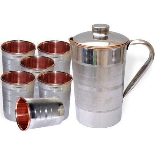 Jarra de agua de cobre hecha a mano con exterior de acero inoxidable e interior de cobre puro de Copper Master, 1 Jug 4 Glass