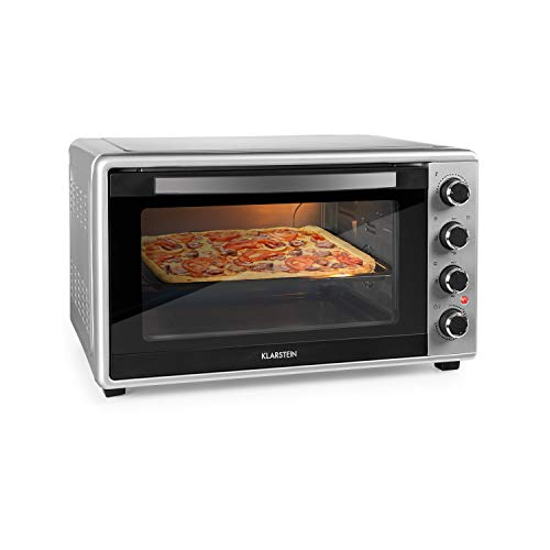 KLARSTEIN Masterchef 45 Mini Horno Electrico de sobremesa 45L, 2000W, 100-230°C, asador giratorio, función de circulación de aire, temporizador, puerta doble cristal, acero inoxidable, Plata