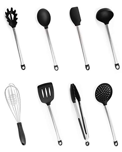 Utensilios Cocina Silicona, Bi-Komfort 8 Pcs Cocina Accesorios; Incluyen Pinzas Cocina, Tenedor Pasta, Batidor, Turner Ranurado, Cuchara para Servir, Cucharón Sopa, Colador y Espátula Flexible