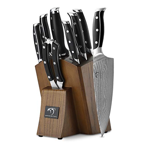 NANFANG BROTHERS Juego de 9 cuchillos de Cocina Para Afilar Cuchillos de Cocina, Juego con Bloque, Cuchillo Profesional de Damasco, Cuchillo de carne de Acero Inoxidable, Afilador y Tijeras