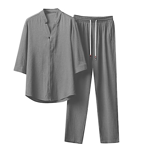 Conjunto de Dos Piezas para Hombre Camisa con Botones de Media Manga Pantalones de sujeción Traje de Color sólido Chaleco Cuadros Hombre Traje