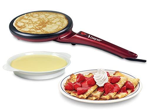 Beper BT.710Y Crepera eléctrica para crepes, tortillas, crespellas y encrespamiento, Placa de 20 cm, accessorios incluido, 800 watt