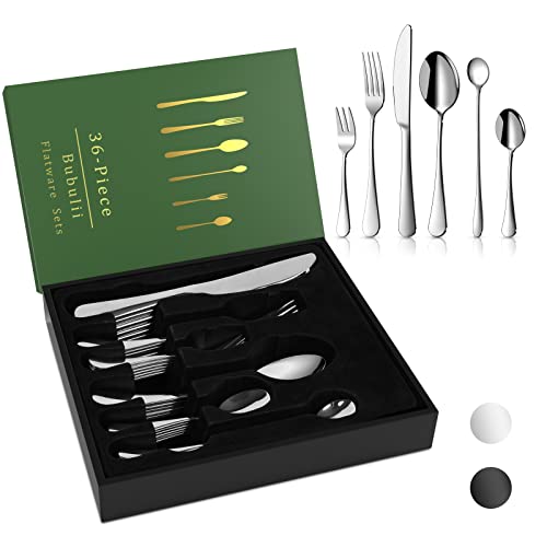 Bubulii Cuberteria Acero Inoxidable, Apto para el Lavavajillas Juego de Cubiertos 6 Personas 36 PCS incl. Tenedor/Cuchillo/Cuchara/Cuchara de Café/Tenedor de Pastel/Cuchara de Latte Macchiato（Plata）