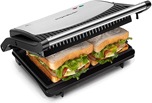 Aigostar York 30RUM - Parrilla Eléctrica, 800W, Apertura 180º, Placas Antiadherentes 23 x 14,3 cm, Dos Superficies de Cocinado, Panini Press Libre de BPA, Asa de Toque Frío.