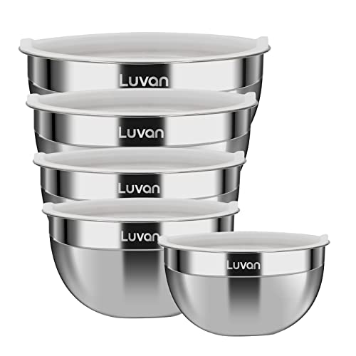 Luvan - Cuencos para mezclar de acero inoxidable 304 con tapas, juego de 5,cuencos para ensaladas anidados, aptos para lavavajillas, apilables para un fácil almacenamiento, versátiles en la cocina