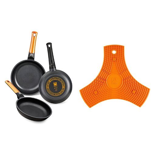 BRA Efficient Orange - Set de 3 sartenes + Safe - Salvamanteles de silicona multiusos imantado, 2 unidades, color naranja