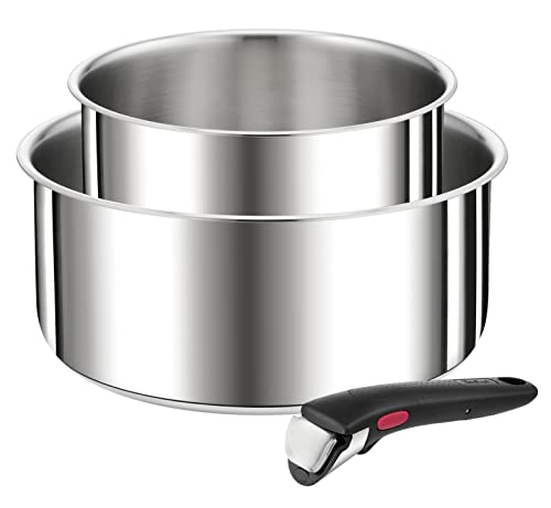 Tefal Ingenio - Juego de 3 sartenes de 16/20 cm + mango extraíble, apilable, acero inoxidable, inducción, versatilidad, ahorro de espacio, Preference L9739302