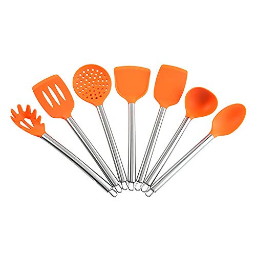 Utensilios de cocina de silicona utensilios de cocina con mango de acero inoxidable 8 juegos de sartenes antiadherentes anti-escaldado cocina-Naranja