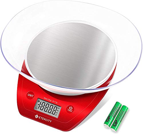 Etekcity Báscula Digital para Cocina Báscula de cocción de acero inoxidable Multifunción con bol extraíble, 5 kg / 11 lb, batería AAA incl., Rojo/ Plata