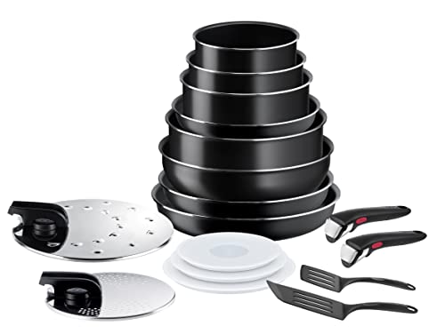 Tefal Juego de utensilios de cocina Ingenio Easy On de 17 piezas,revestimiento antiadherente,indicador de inicio de cocción,base de difusión,cocción saludable,cocción segura,negro