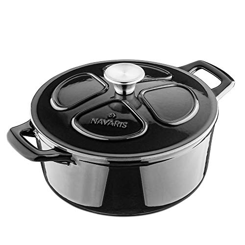 Navaris Cacerola de hierro fundido con tapa - Cazuela con 2 asas para cocinar en horno plancha - Olla cocotte redonda 24 CM - Marmita de 3.5 L - Negro