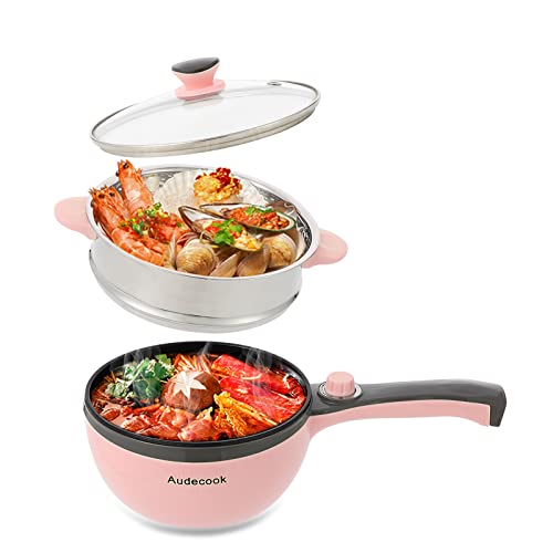 Audecook Sartén eléctrica con vaporera, 1.5L olla eléctrica antiadherente, cocina de viaje portátil para fideos, bistec, vegetales - Rosa