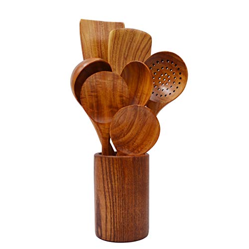 Cucharas de madera para cocinar, cucharas de cocina de madera antiadherentes, utensilios de cocina de teca natural (8 piezas)
